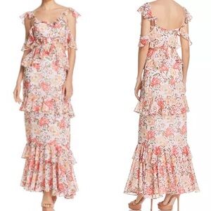 WAYF Milan Floral Ruffled Cutout Waist Tiered Orange Pink Cream Maxi Dress S
